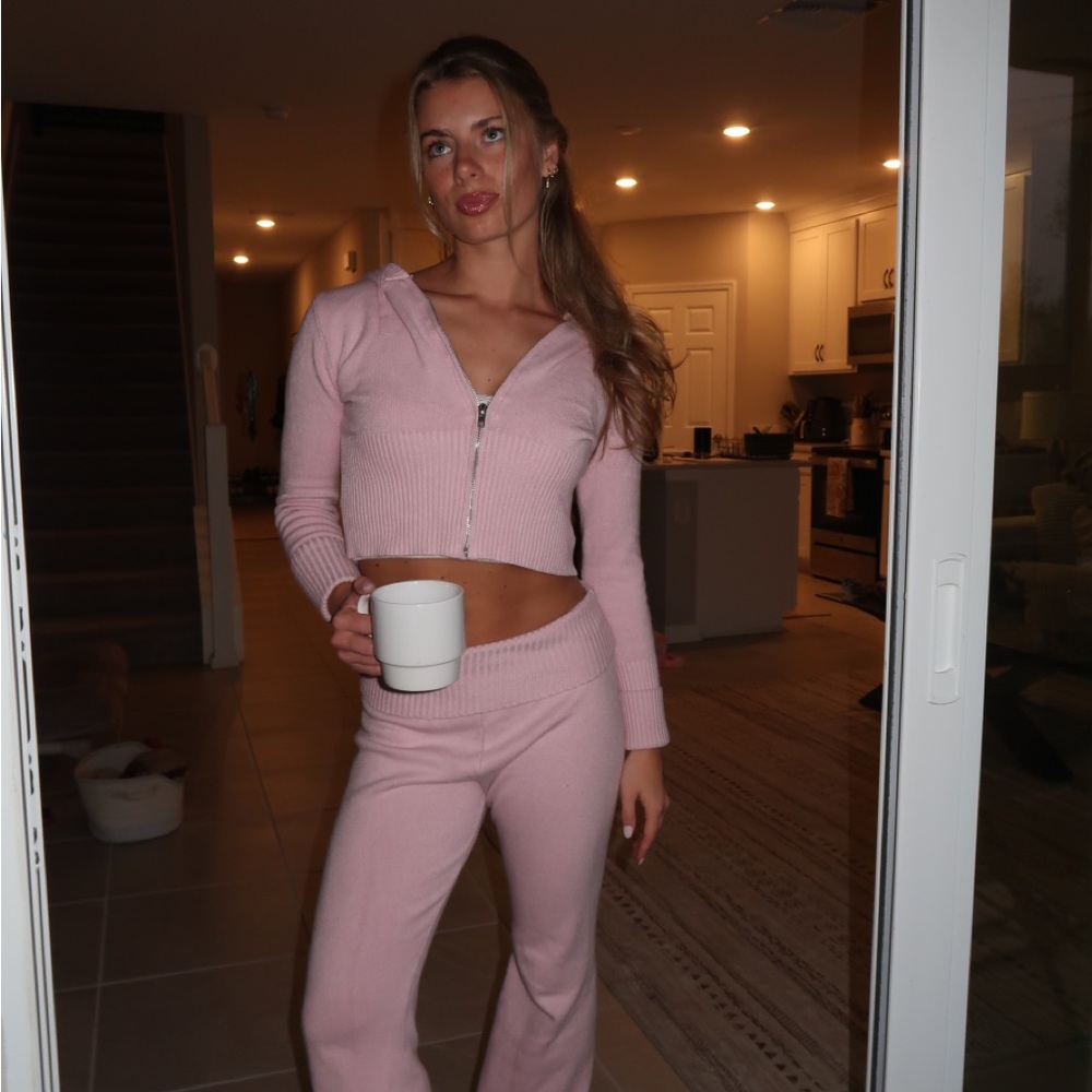 Pink Ribbed Zip-Up Hoodie and Pants Set